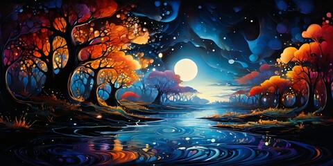 Obraz premium A painting of a forest with a moon in the sky