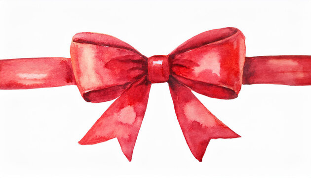 Watercolor painting of bright red bow isolated on clear white background. Hand drawn art.