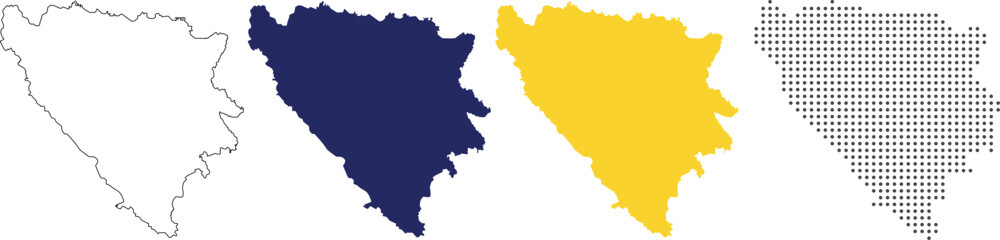 bosnia and herzegovina map in outline, blue color, yellow color, dotted style.