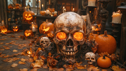 Skull-themed Halloween decorations, including skulls in various settings like graveyards or spooky parties.