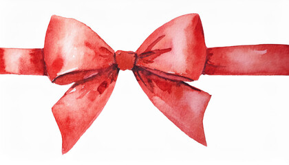 Watercolor painting of bright red bow isolated on clear white background. Hand drawn art.