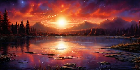 A beautiful sunset over a lake with mountains in the background