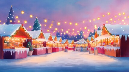Fototapeta premium Festive Christmas market, ice-covered stalls, warm glowing lights, joyful spirit in the air, Watercolor style