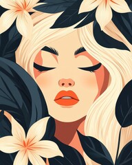 A vibrant flat icon depicting a modern Asian woman in profile, exuding happiness and calmness with a serene expression.