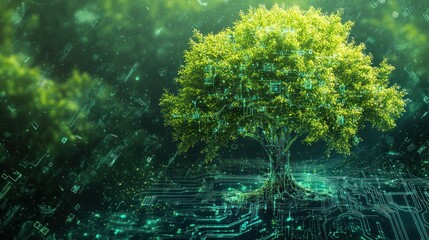 Fototapeta premium A vivid illustration of a tree with its roots intertwined with digital circuitry, symbolizing the fusion of nature and technology in a harmonious balance.