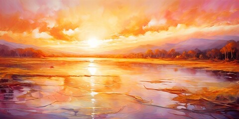 Fototapeta premium A painting of a sunset over a lake with a boat in the water