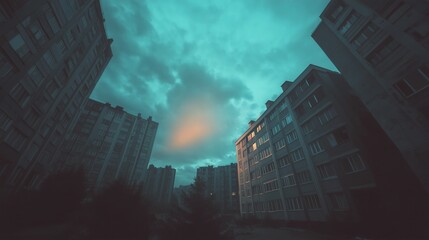 Abandon buildings condominium flat apartment teal orange hues atmospheric clouds nighttime setting featuring dark tones