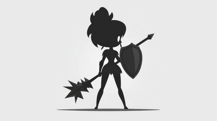 Fototapeta premium A striking silhouette of a knight girl wielding a spiked mace, showcasing strength and courage in modern vector art style.