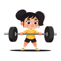 A vibrant cartoon girl lifts a heavy barbell, exuding strength and joy, showcasing empowerment in a minimalist gym scene.