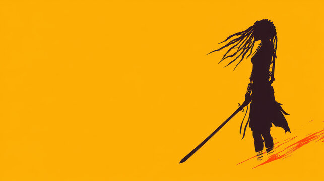 A fierce warrior girl with long dreadlocks, wielding a unique dagger and spear, captured in vibrant D vector art.