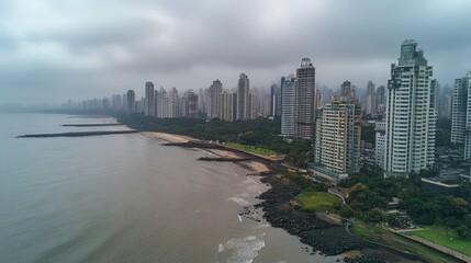 Fototapeta premium A cloudy day overlooking the cityscape, beach, and ocean.
