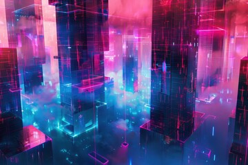 Fototapeta premium A futuristic holographic cityscape, with abstract buildings and floating structures glowing in neon hues.A futuristic holographic cityscape, with abstract buildings and floating structures glowing in 