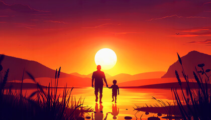 Silhouette of a father and son walking towards a sunset over a lake.