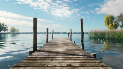 Fototapeta premium 3D rustic wooden pier on calm lake for summer relaxation