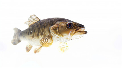 Cod swimming underwater in a river on a white background, showcasing its dark scales and fins.