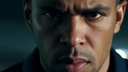 Focused athlete exudes determination and strength in close up portrait, ready to conquer challenges ahead. Dark background adds drama
