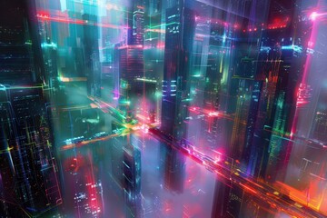 Obraz premium A futuristic holographic cityscape, with abstract buildings and floating structures glowing in neon hues.A futuristic holographic cityscape, with abstract buildings and floating structures glowing in 