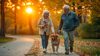Beautiful portrait of beautiful caucasian senior couple walking with dog. Happy senior couple in autumn park, recreational healthy activity outdoors. Smiling elderly couple spending time with lab. AI