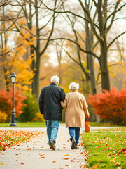 Obraz premium Happy senior couple walking in city park on sunny autumn day. Retired husband and wife having a date outdoors. Retirement hobby and healthy activity, leisure activity for elderly people. AI generated