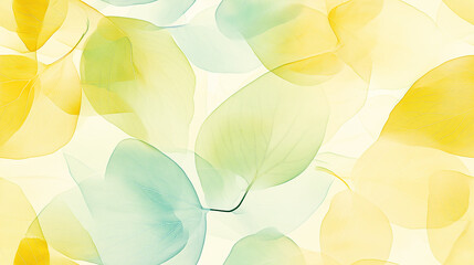 Delicate translucent leaves in soft yellow, green, and blue tones, arranged in a calm, ethereal seamless pattern. The subtle and airy design is ideal for minimalist and elegant themes.