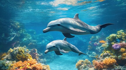 Obraz premium Dolphins Swimming in the Coral Reef
