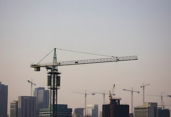 Fototapeta premium A large construction crane towering over a city skyline with modern high-rise buildings in the background