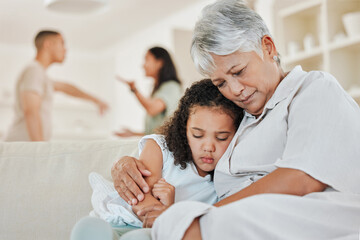 Grandmother, child and comfort for sad on sofa, emotional wellbeing and security with hug in home. Living room, senior woman and depressed girl on couch for safety, protection and parents argument