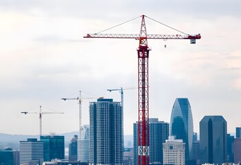 Fototapeta premium A large construction crane towering over a city skyline with modern high-rise buildings in the background