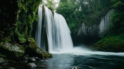 Obraz premium Powerful waterfall in motion, forest setting, copy space, all objects in focus, deep depth of field.