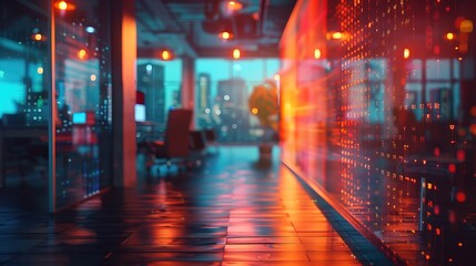Modern neon cyberpunk open space office interior blurred with information technology overlay. Corporate strategy for finance