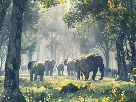 Herd of Majestic Elephants Grazing in a Serene Forest Clearing