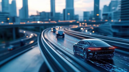 Fototapeta premium A futuristic highway scene with autonomous cars navigating smoothly using traffic information systems.