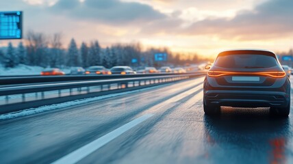 Fototapeta premium A futuristic highway scene with autonomous cars navigating smoothly using traffic information systems.