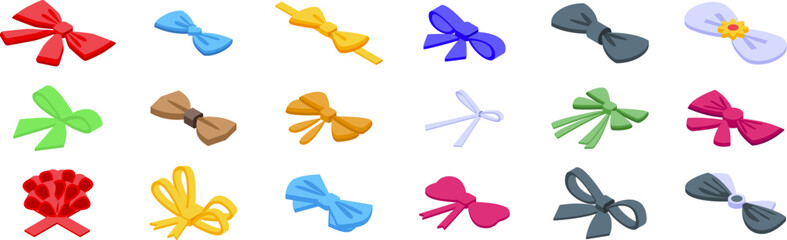 Bowknots icons set. Set of different knots for decorating gifts and accessories isometric vector illustration isolated on white background