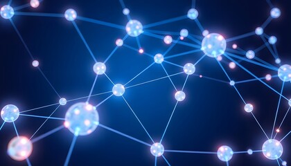 A futuristic network of glowing nodes and interconnected lines against a dark background, creating a sense of technology, connectivity, and data flow