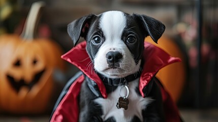 Adorable black and white puppy dressed as a vampire for Halloween.