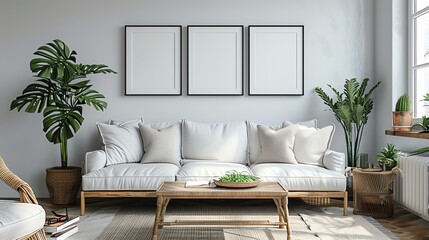 Naklejka premium Mock up frame in home interior background Scandinavian style 3d render