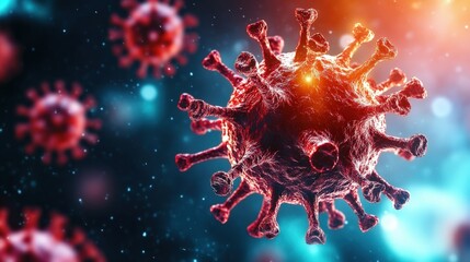 A red virus is shown in a blue background
