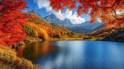 A serene landscape featuring vibrant autumn foliage, mountains, and a reflective lake.