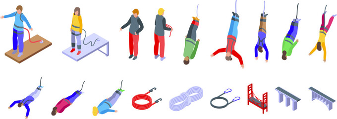 Jumping down bungee cord icons set. People are jumping from a bridge with bungee jumping equipment and an instructor is holding a rope