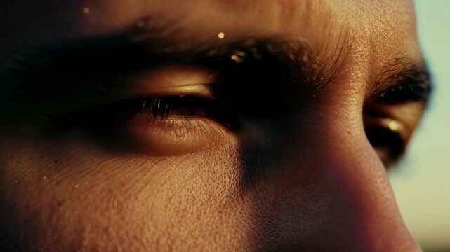 Close up of determined athlete sweating and squinting in bright sunlight, showing focus and willpower during intense workout. Captures strength, endurance, and success in sports and fitness