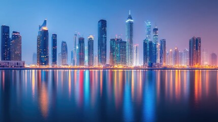 Fototapeta premium A panoramic view of the city skyline with skyscrapers reflecting on the water at night.