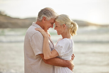Love, beach and senior couple hug at water on bonding holiday, embrace and island travel. Nature, man and woman on romantic ocean date together with smile, care and happy tropical retirement vacation