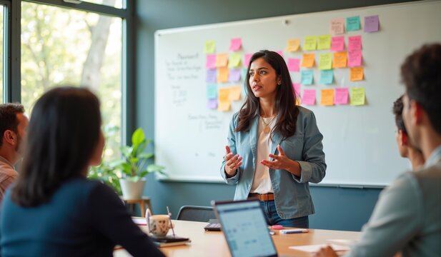 Young Indian Female Professional Presenting Creative Ideas During a Collaborative Team Meeting
