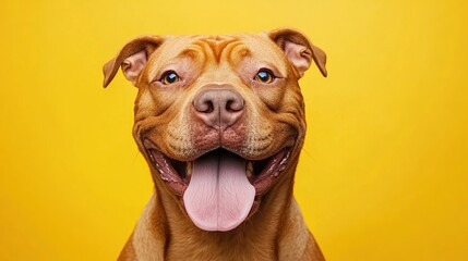 Close-up of a brown dog with its tongue sticking out, looking at the camera.