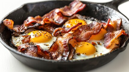 Fried Eggs and Crispy Bacon in a Cast Iron Skillet