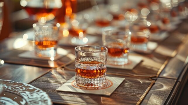 Tasting event featuring aged strong liquor served in transparent glasses on placemats