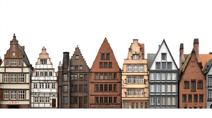 Fototapeta premium A row of colorful historic buildings with white windows and a white background.