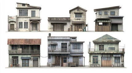Fototapeta premium A row of five rundown, dilapidated buildings in various states of disrepair, showcasing the textures and details of aging structures.