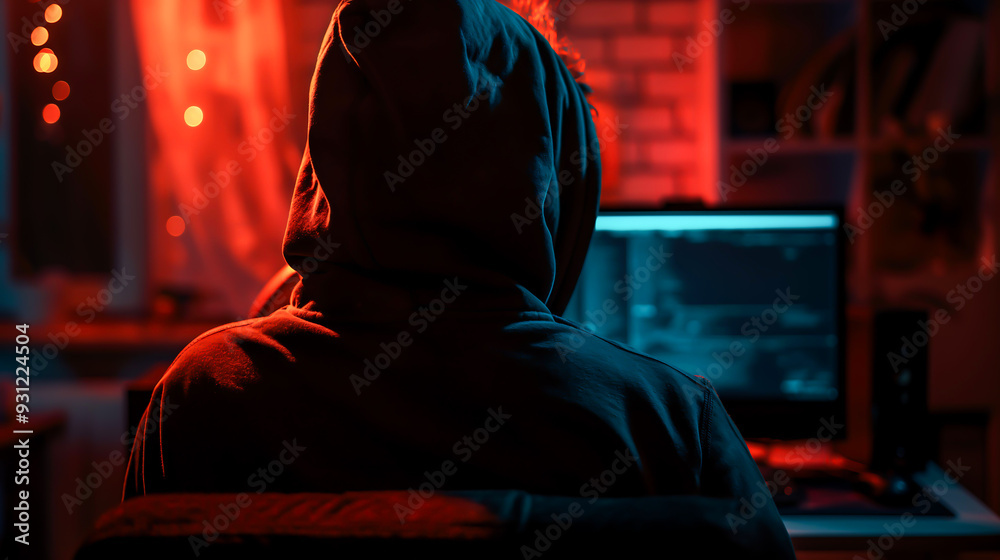 Wall mural back view of hacker in hoodie using computer committing digital cybercrime in dark room